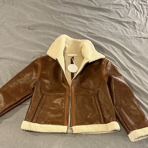Brown Faux Leather Jacket with Cream Lining